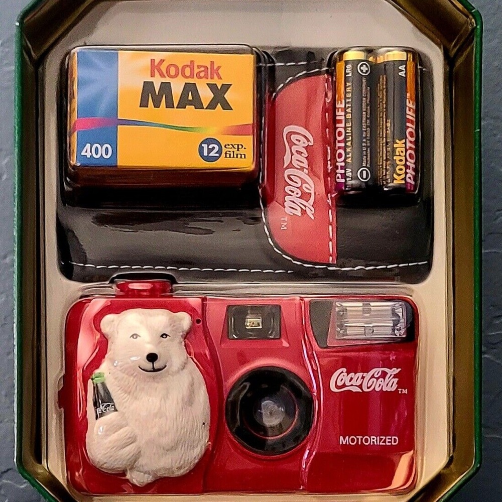 Vintage Coca-Cola Motorized 35mm Collectible Camera + Film + Pouch + Tin Set